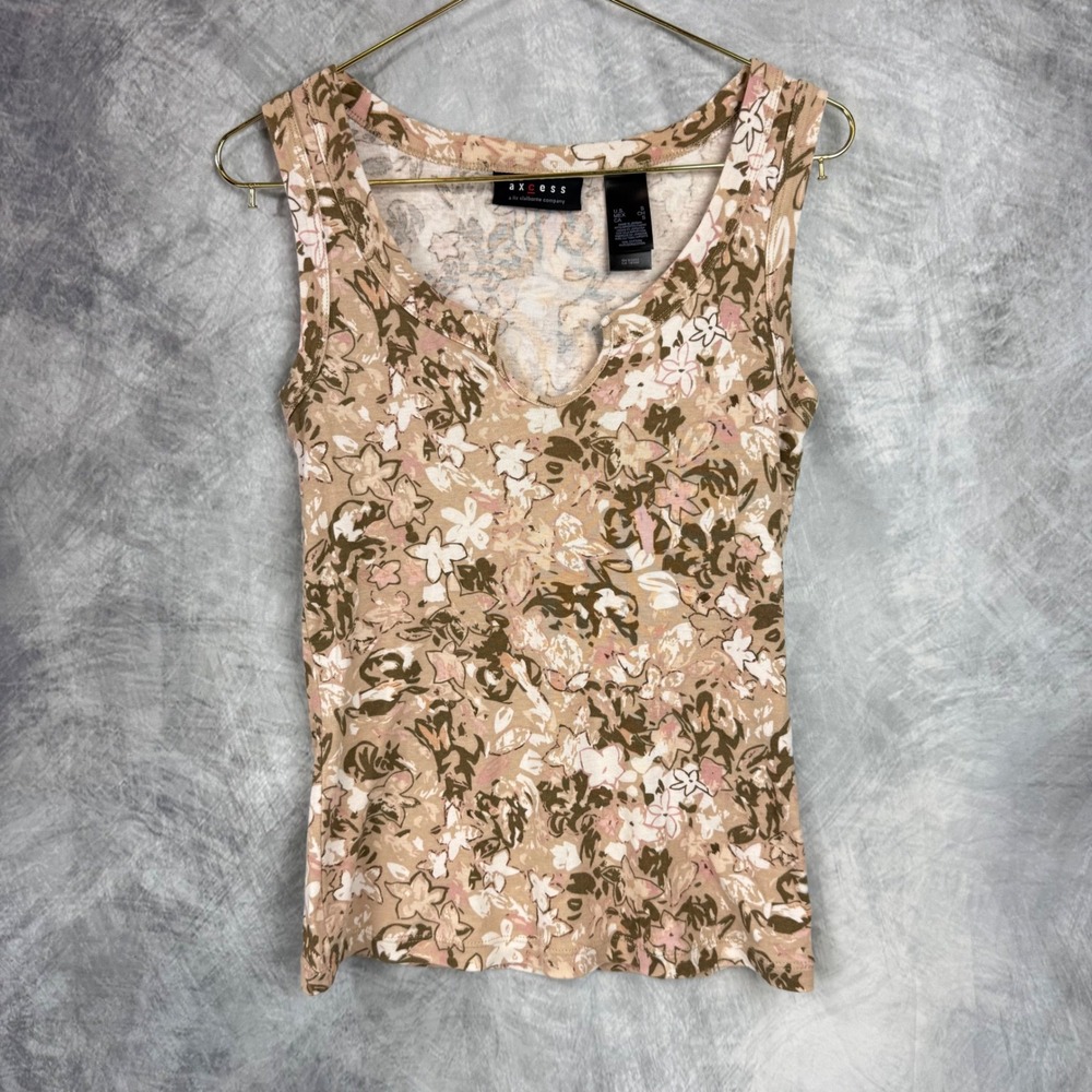 Y2K Floral Tank Top Small Brown Tan Pink Notch Neck Cotton Liz Claiborne